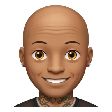 This is a cartoon-style avatar of a bald man with dark skin, golden-brown eyes, and several tattoos on his face, smiling with a lightly smile expression. sticker