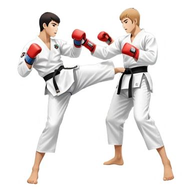 Two taekwondo fighters in traditional white doboks with black belts compete in a dynamic match. One executes a high spinning kick, while the other blocks skillfully. The background features a professional arena with bright lights and spectators. Transparent background. sticker