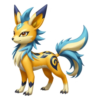 Feral Lightning-patterned Zig-zagged buzzy fuzzy Meloetta-Renamon-Zeraora-Luxray-Cobalion-Suicune-Vernid-fusion-hybrid-creature, full body  sticker