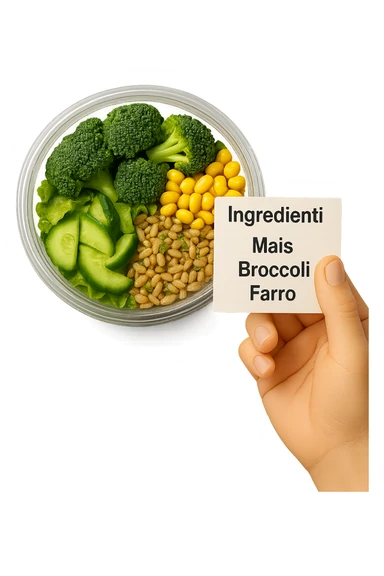 SU QUESTO STILE FAI UN EMOJI STILE IPHONE 3D DI UN INSALATA PRECONFEZIONATA DA SUPERMERCATO CON FOCUS SU ETICHETTA NUTRIZIONALE CON GLI INGREDIENTI IN ITALIANO TIPO: MAIS, BROCCOLI, FARRO, ACCANTO ALL'INSALATA CHE HA IN MANO C'è UN FOCUS SULL'ETICHETTA CON GLI INGREDIENTI SCRITTI, FALLO MOLTO REALISTICO IN 3D sticker