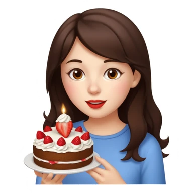 Brunette girl eating cake with strawberry sticker