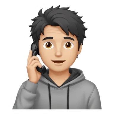 a white man with black messy, grey hoodie taking a call, happy sticker