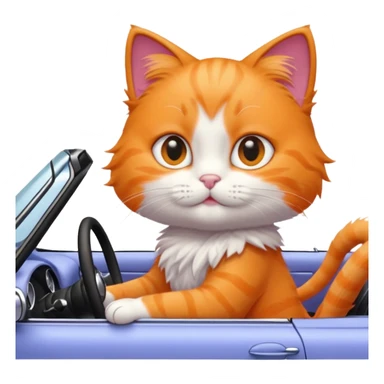 orange kitty driving a periwinkle convertible, focus on the cat and car sticker