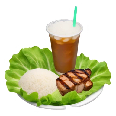 Rice with chicken and steak on a bed of lettuce with a orange boba drink next to it  sticker