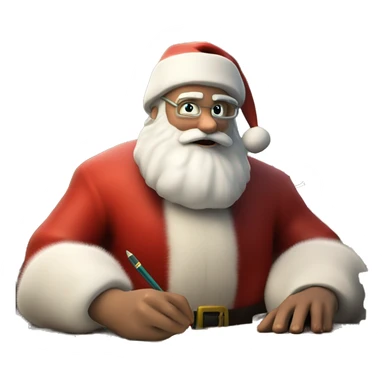 White Father Christmas with real hands is sitting on a desk, writing something down on a sheet of paper, solving complicated math puzzles, you can see the math tasks/ exercises sticker