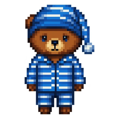 Add a nightcap to the bear in striped pajamas in pixel art style. The style should resemble pixel art with clear pixelated details and colors. sticker
