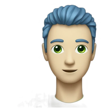robot with a human head, very thin face, clear cheekbones, green slightly narrow eyes, blue disheveled shoulder-length hair, human complexion, man, light pale face sticker