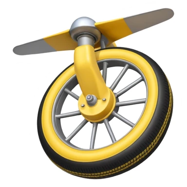 Isometric view of airplane landing gear in emoji style — one inflated, puffy wheel with a strut, soft 3D look, rounded shapes, clean and cartoon-like sticker