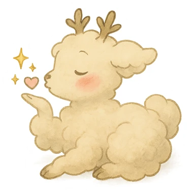 Make the vanilla-colored cloud doe appear to be sleeping, with rosy cheeks, blowing a kiss with sparkles, soft Ghibli style, with no background. sticker