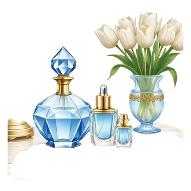 A dreamy composition of a crystal perfume bottle with an ornate golden atomizer, placed on a lace-trimmed vanity table, accompanied by a bouquet of white magnolias and soft blue tulips.
 sticker