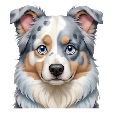 Cinematic Meme-Worthy Grumpy Blue Merle and White Australian Shepherd Portrait Emoji, Head held high but eyes filled with dramatic disappointment, smooth blue merle fur with stark white patches, deeply furrowed brow forming an unmistakable scowl, floppy ears slightly angled back in disapproval, piercing blue eyes glaring with pure exasperation, Simplified yet hilariously over-exaggerated features, highly detailed, glowing with an aura of supreme annoyance, high shine, exhausted yet judgmental, stylized with an almost regal pettiness, bright but brooding, soft glowing outline, capturing the essence of a pup that has seen it all and is thoroughly unimpressed, so meme-worthy it feels like it could instantly become the next viral sensation of grumpiness! sticker