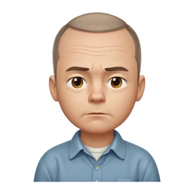 Carl from Sling Blade, blank or goofy expression, chin sticking out, slouching posture, no glasses, shirt with collar, three-quarter face angle, entire body visible, standing, head sticking forward, classic Apple emoji style sticker