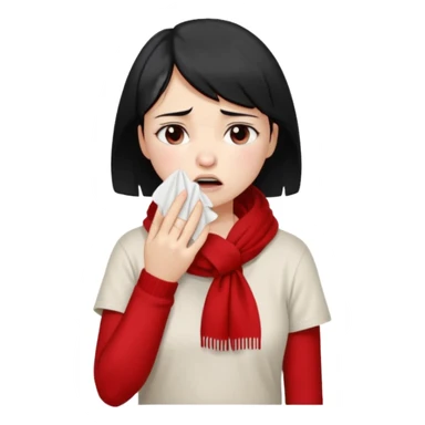 a pretty bratz fair girl crying in a loose oversized off white tshirt and red scarf with short black hair with a tissues in hand sticker