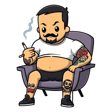 Heavy-set man leaning back in chair with legs spread showing tattooed left calf, smoking cigarette, exposed belly, round face, short black hair, well-groomed short beard with small mustache, black t-shirt with light stripes on top portion, sleeves rolled up, black shorts, arms and left calf decorated with matching black graphic tattoo patterns sticker