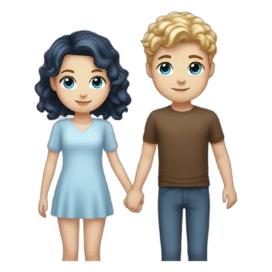 Girl with blonde wavy hair and blue eyes holding hands with brunette short haired boy with white skin and brown eyes sticker