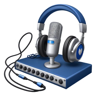 Create a sleek and professional emoji that represents voice acting and dubbing equipment. The design should feature a high-quality microphone, a sound mixer or audio interface, and headphones to symbolize the recording and technical process. Include elements like a soundproof booth or audio cables to reflect the studio environment. Use a modern, clean design with colors like silver, black, and dark blue to represent the professional side of voice acting. The background should be transparent. sticker