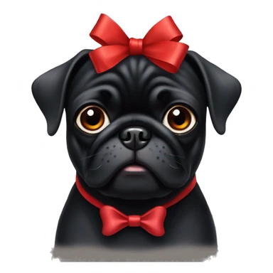 A black pug with a red bow on its ear sticker