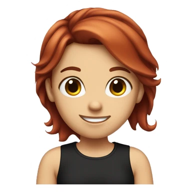dark red hair girl, with a black tshirt, medium size eyes and a smile sticker