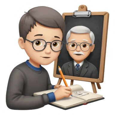 boy ,drawing pic of grandpa on the notebook, characoal sticker