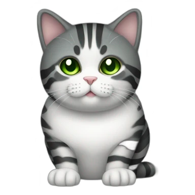 Chubby Striped dark grey female cat with Green eyes and white chest sticker