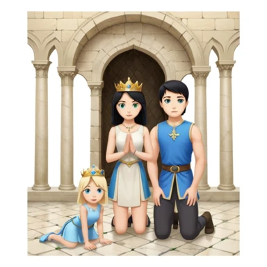King, standing, black Hair, blue eyes, female servant, blonde, green eyes, shott white sleveless dress, kneeling, background palace sticker