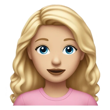 I 21 year old girl with warm blonde hair and blue eyes in a pink shirt. She has makeup on and pink lips sticker