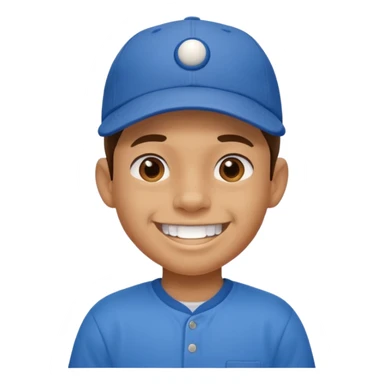 smiling schoolboy with large front teeth and a baseball cap sticker