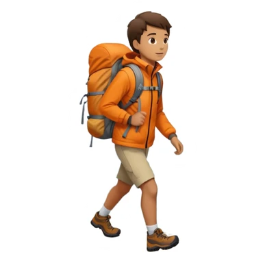 Person hiking through mountains, wearing orange jacket, carrying backpack, scenic landscape sticker