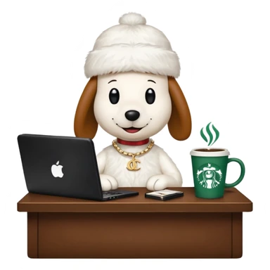snoopy in a desk with starbucks and his chanel purse sticker