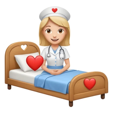a warm Apple emoji style nurse with a heart next to a bed icon sticker