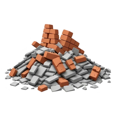3D iPhone style emoji of a pile of bricks, roof pieces, and wall rubble, scattered and broken, isolated on white background, soft shadows, high detail, playful and cute sticker