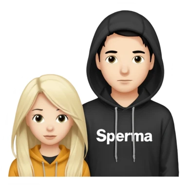 I want it to be this emote 🙍‍♂️
of a guy with black hair and a black sweatshirt with the word "sperma" written in white in the middle. Behind him, there's a pretty blonde with long hair, pulling the string on the first person's hoodie. The girl is wearing a gray sweatshirt. sticker