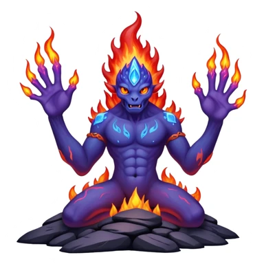 a mystical fast lava creature without arms with molten lava on its head and some rocky shoulders, fire crystals, blue flames, fire legs, no background, purple flames, mystical eyes, 8 arms, calm eyes, psychic powers sticker