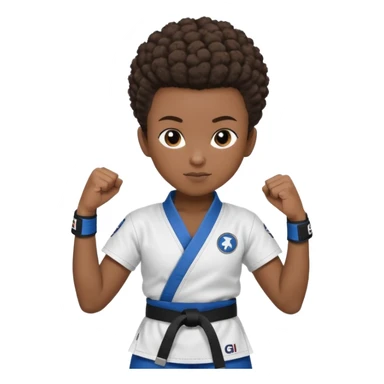 black karate instructor with pony tail afro hair and shaved bald sides haircut, Make the hair brown and the belt blue. Add the roger Gracie academy logo on the go also and the p logo of progress jiu jitsu on the right arm at the top sticker