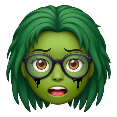 crie um emoji de zumbi feminino, com pele verde, óculos preto e cabelo longo preto sticker