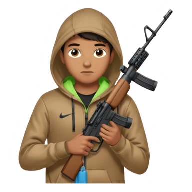 
Fais moi un jeune taliban qui ressemble qui tient une AR15 avec un hoodie a capuche, capuché, avec la cagoule nike therma fit hood sticker