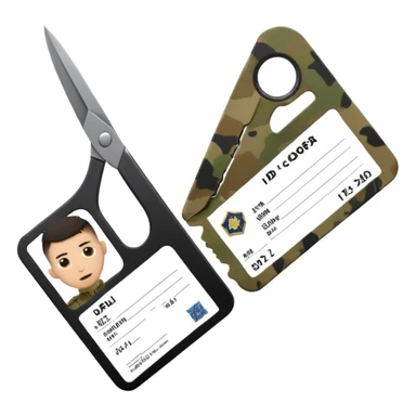 Floating black Scissors cutting in half an idf soldier ID card in 2 parts .hyper realistic sticker