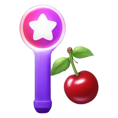 Kpop Lightstick with a red cherry shaped light and the white handle with the word CHERRIES in purple sticker