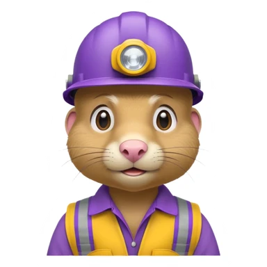 a mole rat, purple helmet, headlamp, yellow worker cloth sticker