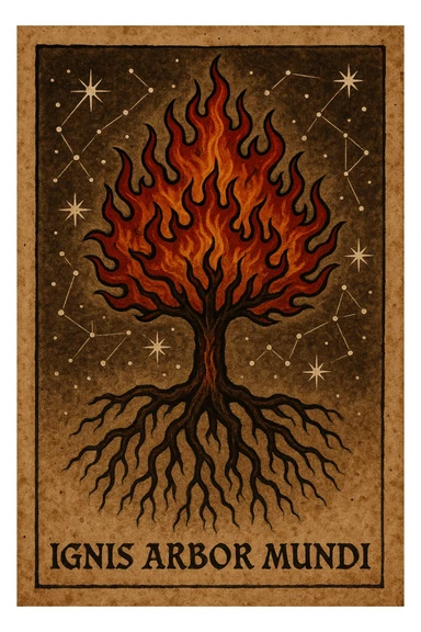 proto gothic ancient star constellation image of a flaming world tree with roots reaching down sticker
