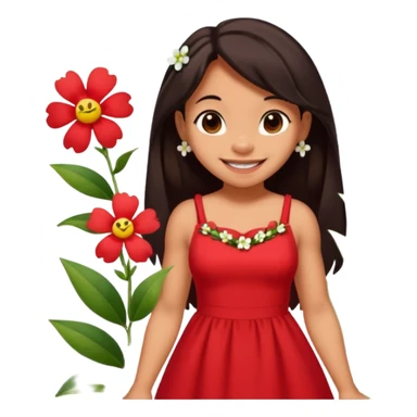 Lilo from Lilo & Stitch wearing a red dress with white flowers, apple style emoji sticker
