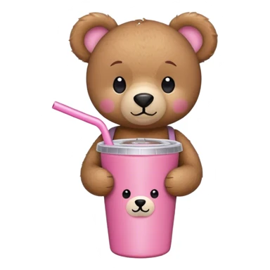 Small, cute brown teddy bear holding a pink colored Stanley tumbler with a small bow straw topper sticker