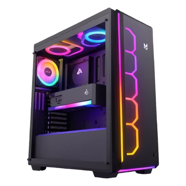 gaming PC modern desktop tower with RGB lights and side window sticker