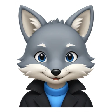 Grey anthropomorphic furry fox with a black coat, blue eyes, and a small fringe of black hair in head, smiling sticker