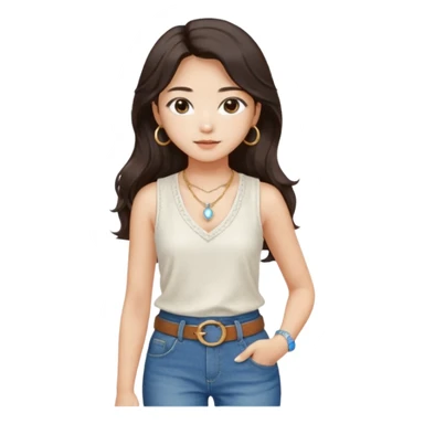 Stylish South Korean girl with long wavy dark hair, wearing a white textured sleeveless top, blue jeans, and a brown belt — soft lighting, cozy indoor vibe, a small, moonstone pendant necklace with a dainty gold chain adds a delicate touch sticker