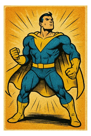 invincible superhero character wearing a blue and yellow suit, heroic stance, comic book style sticker