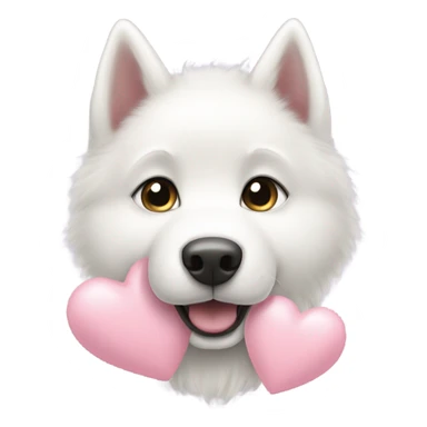 White husky puppy with large light pink heart sticker