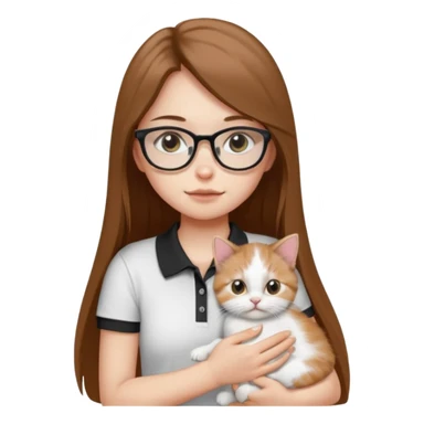 a girl with long brown straight hair, in a white a black polo t-shirt, with eyeglasses hugs a persian kitten 3 months old had a half spot black on her face and white one cat. emoji | AI Emoji Generator sticker