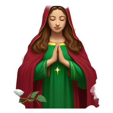 Virgin Mary: kind face looking down at the left, long brown hair, Wearing an emerald green  robe with gold stars and a burgundy red dress,  Hands in prayer or blessing. Halo around her head. standing in front of a big sun. colorful roses on the sides  sticker