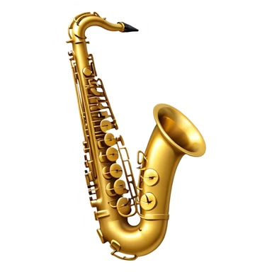Create a sleek and sophisticated emoji representing a saxophone. The design should feature the shiny, golden body of the saxophone, with its smooth curves and metal keys clearly visible. Include subtle details like the mouthpiece with the reed and the bell at the end of the instrument. The keys should be delicately arranged, capturing the intricacy of the instrument. Use warm golden tones for the saxophone and add small musical notes floating around to evoke the smooth, soulful sound of the saxophone. The background should be transparent. sticker